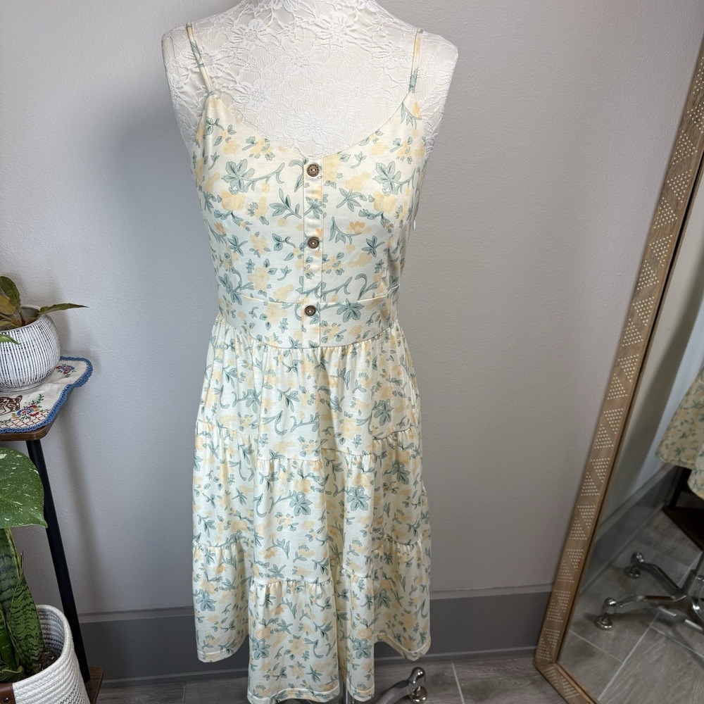 NWT Yathon Women's Medium ~ Cream Yellow/Green Floral Tiered Sundress Dress NEW
